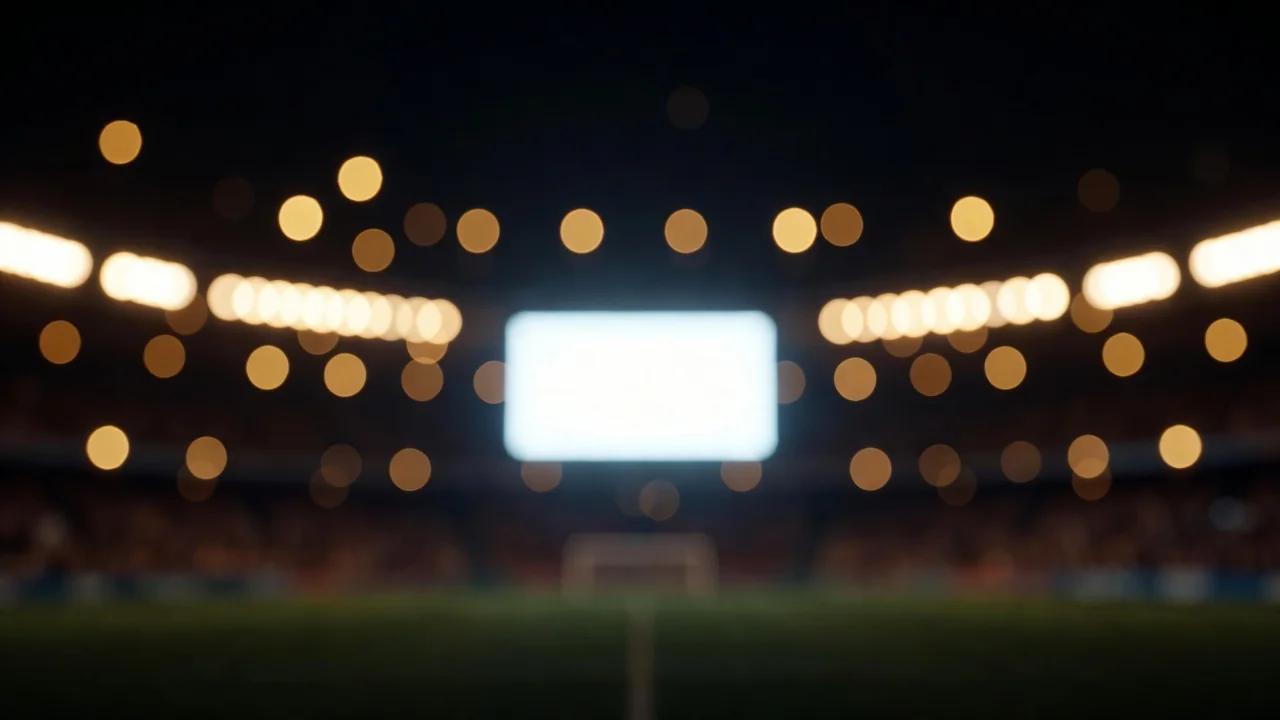Luzes de arquibancada desfocadas atrás de telão brilhante em estádio à noite