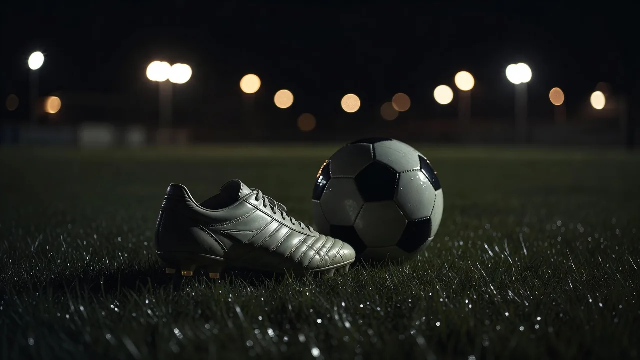 Chuteira de futebol ao lado de bola em gramado noturno