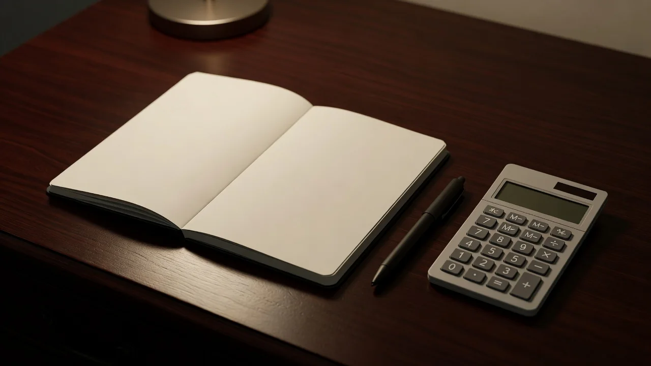 Caderno de anotações com caneta sobre mesa escura ao lado de calculadora