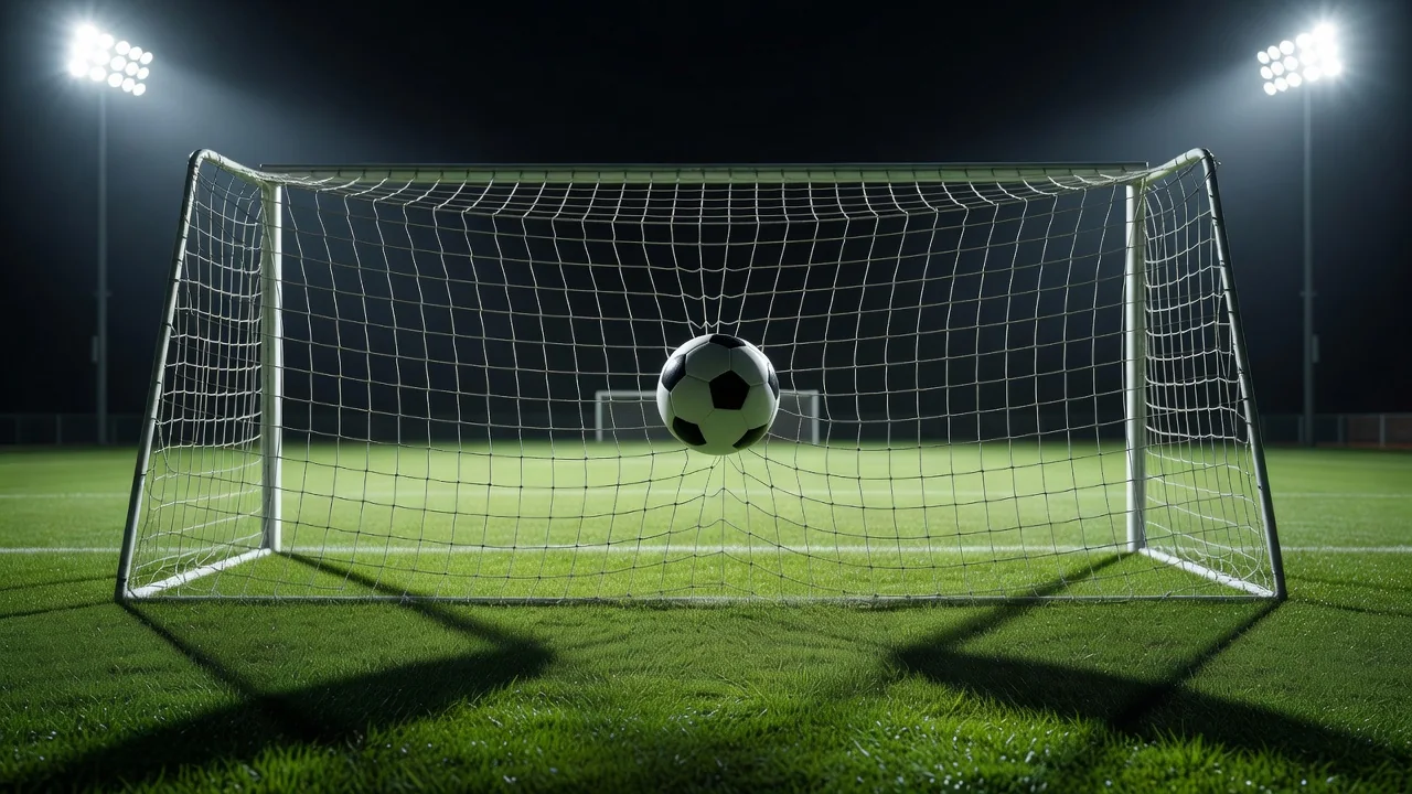 Bola estufando a rede do gol vista de dentro da trave