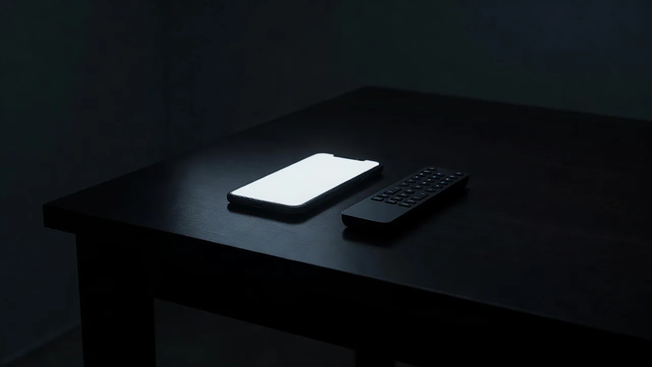 Smartphone com tela brilhante sobre mesa escura ao lado de controle remoto