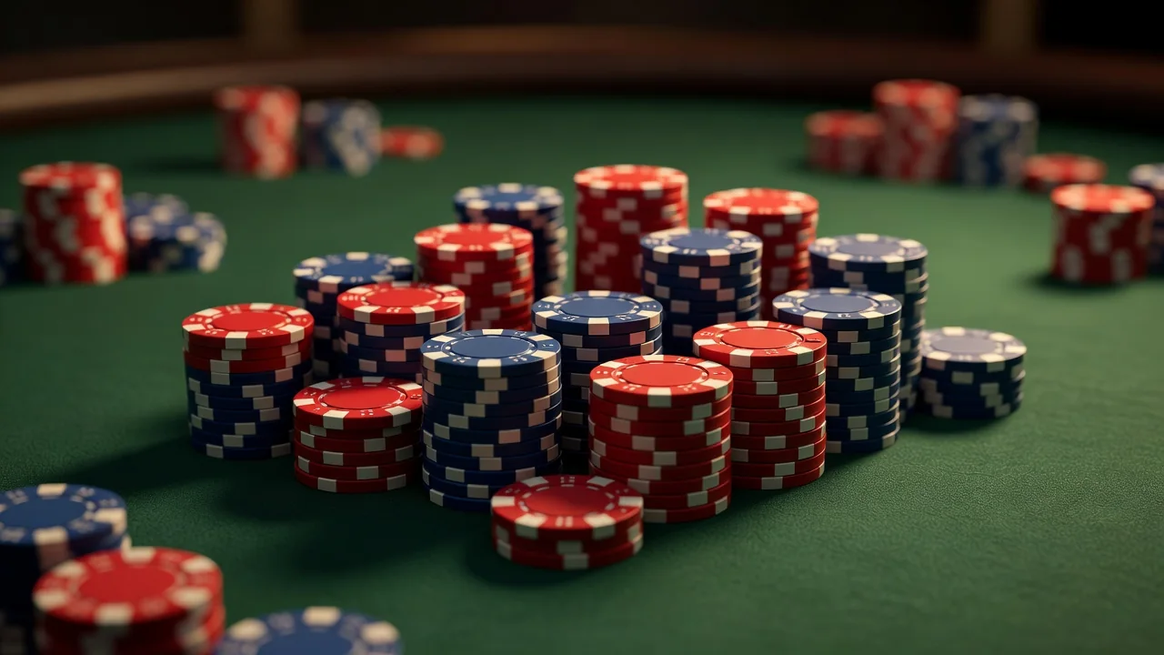 Fichas de cassino empilhadas sobre mesa de feltro verde