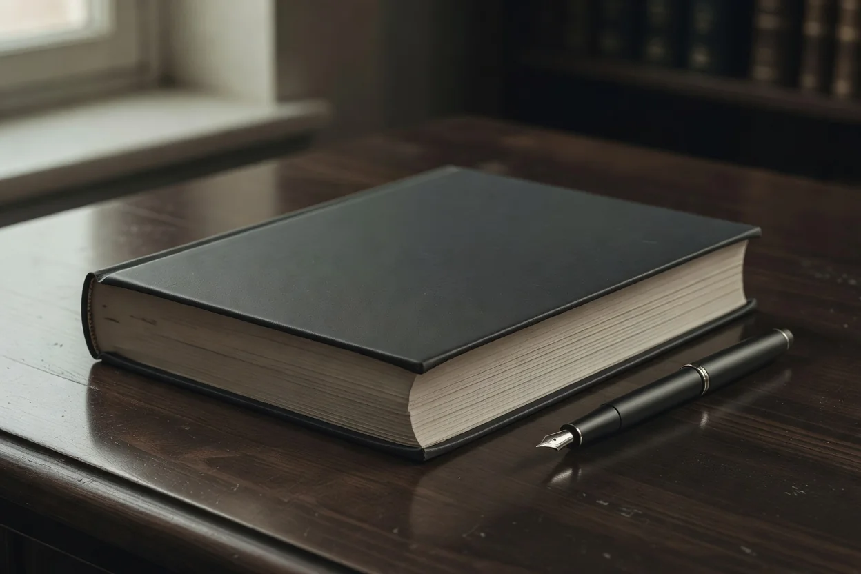 Livro antigo de capa dura sobre mesa de madeira com caneta-tinteiro, em biblioteca histórica