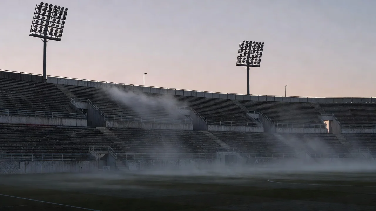 Arquibancada vazia de estádio sob refletores apagados ao amanhecer