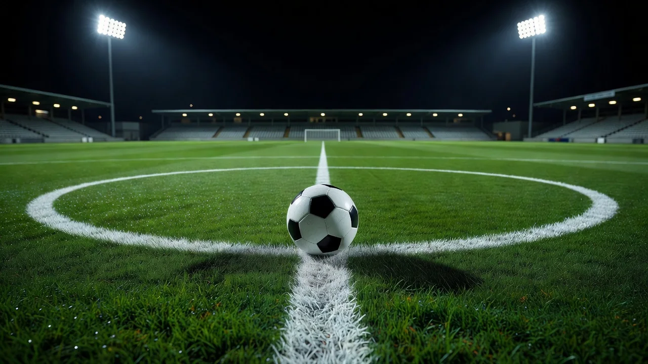 Bola de futebol em círculo central de campo iluminado à noite