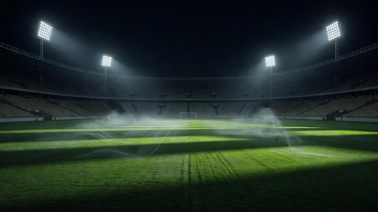 Gramado de estádio brasileiro iluminado por refletores antes da partida