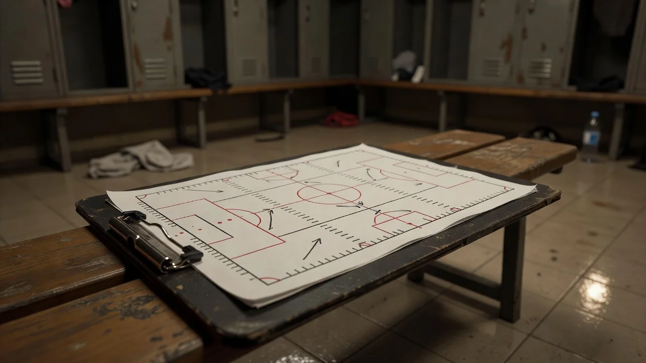 Prancheta tática com marcações de campo de futebol sob luz baixa
