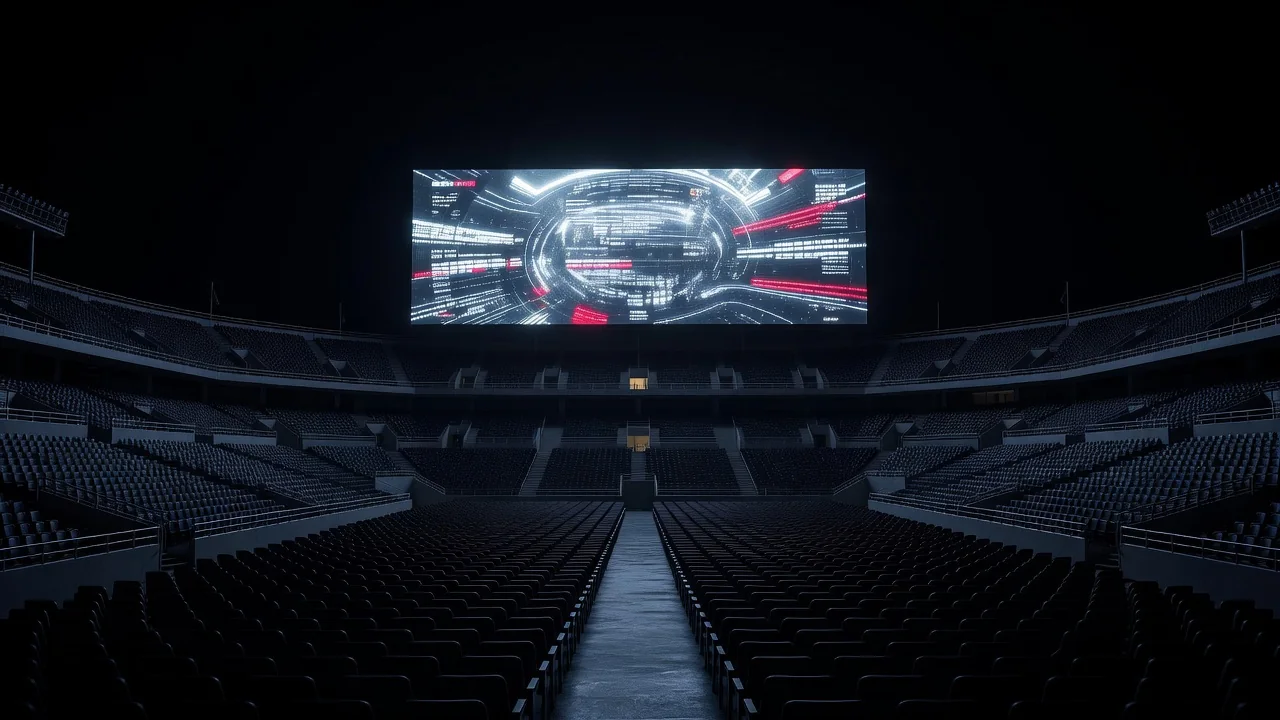 Telão iluminado de estádio à noite durante transmissão de partida