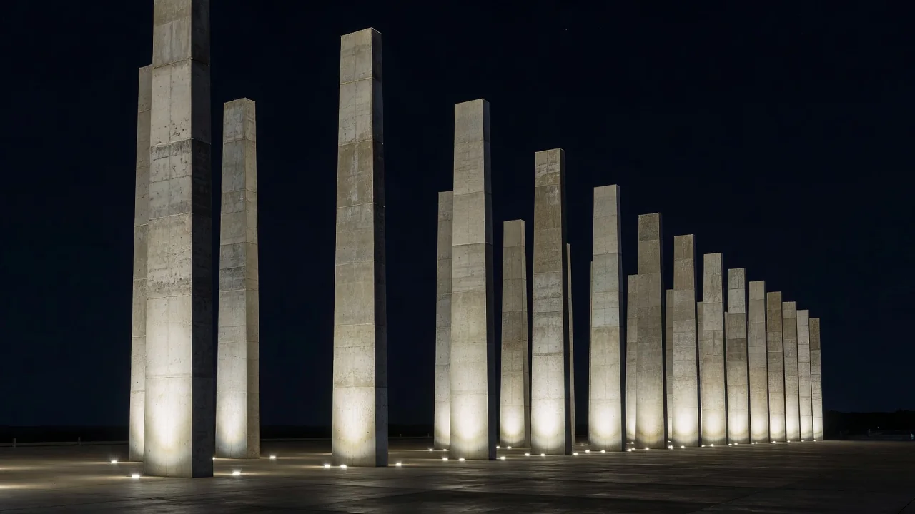 Colunas iluminadas de prédio público em Brasília à noite