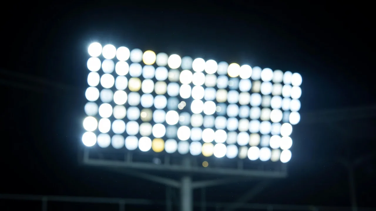 Painel luminoso desfocado de estádio durante evento noturno