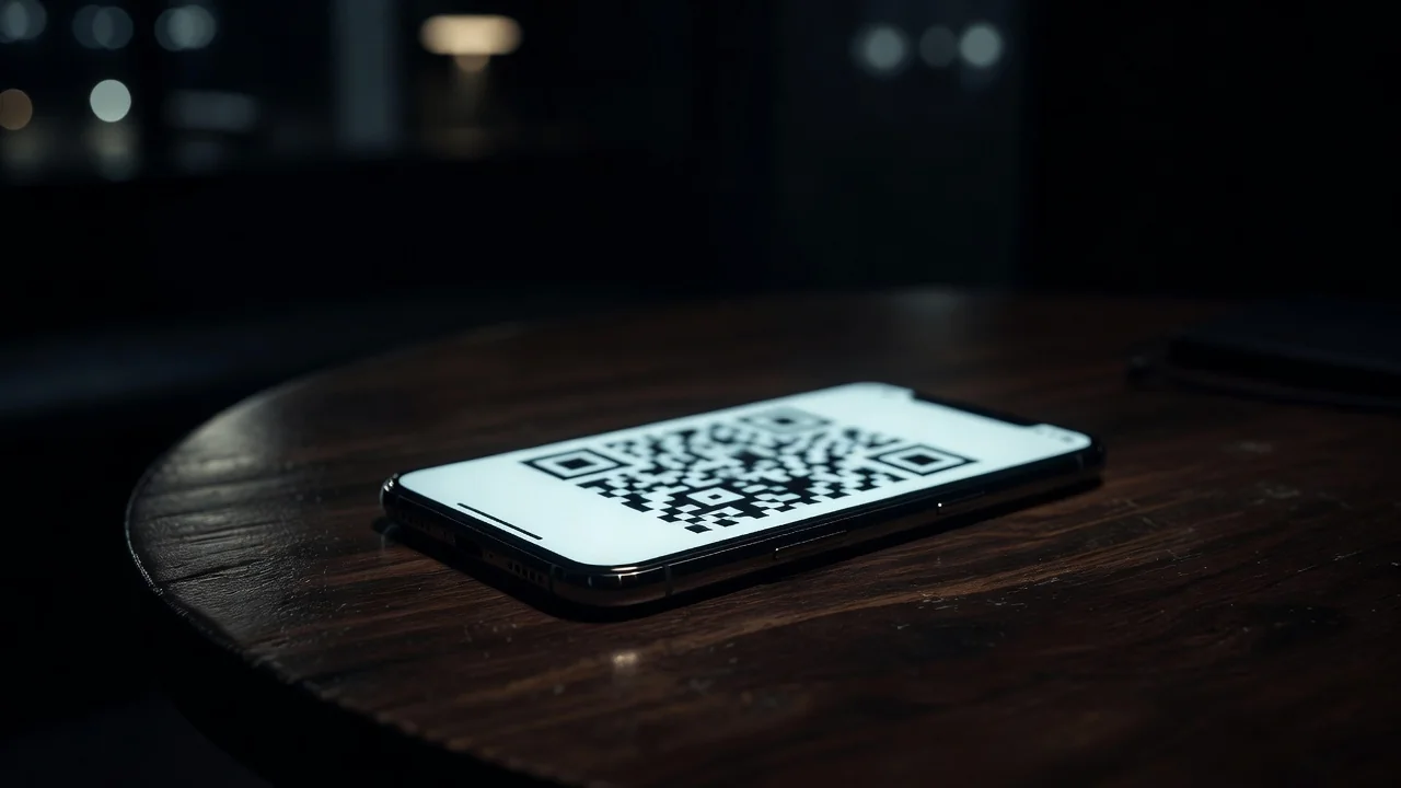 Smartphone exibindo código QR desfocado sobre mesa de madeira escura