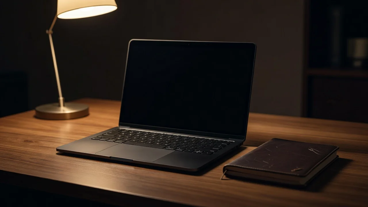 Formulário em tela de notebook apagada sobre mesa de madeira à noite