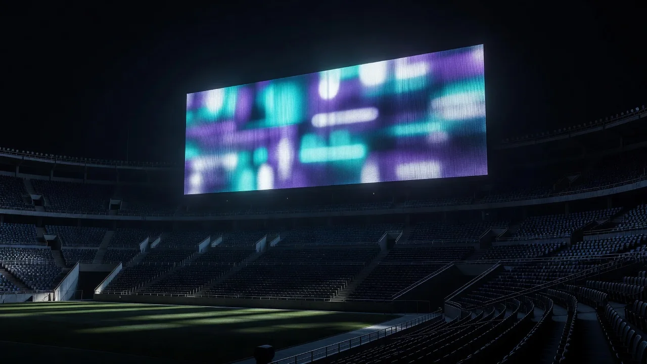 Telão de estádio à noite com placar iluminado e arquibancada vazia