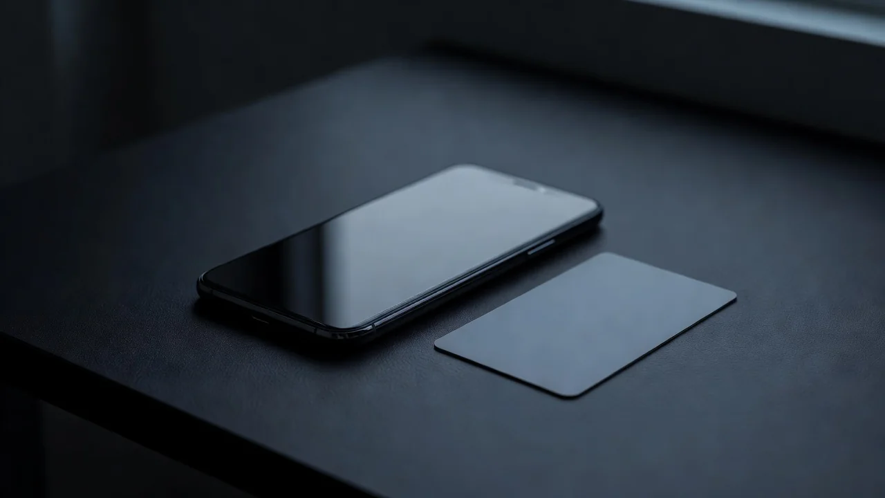 Smartphone com tela escura sobre mesa ao lado de cartão de banco