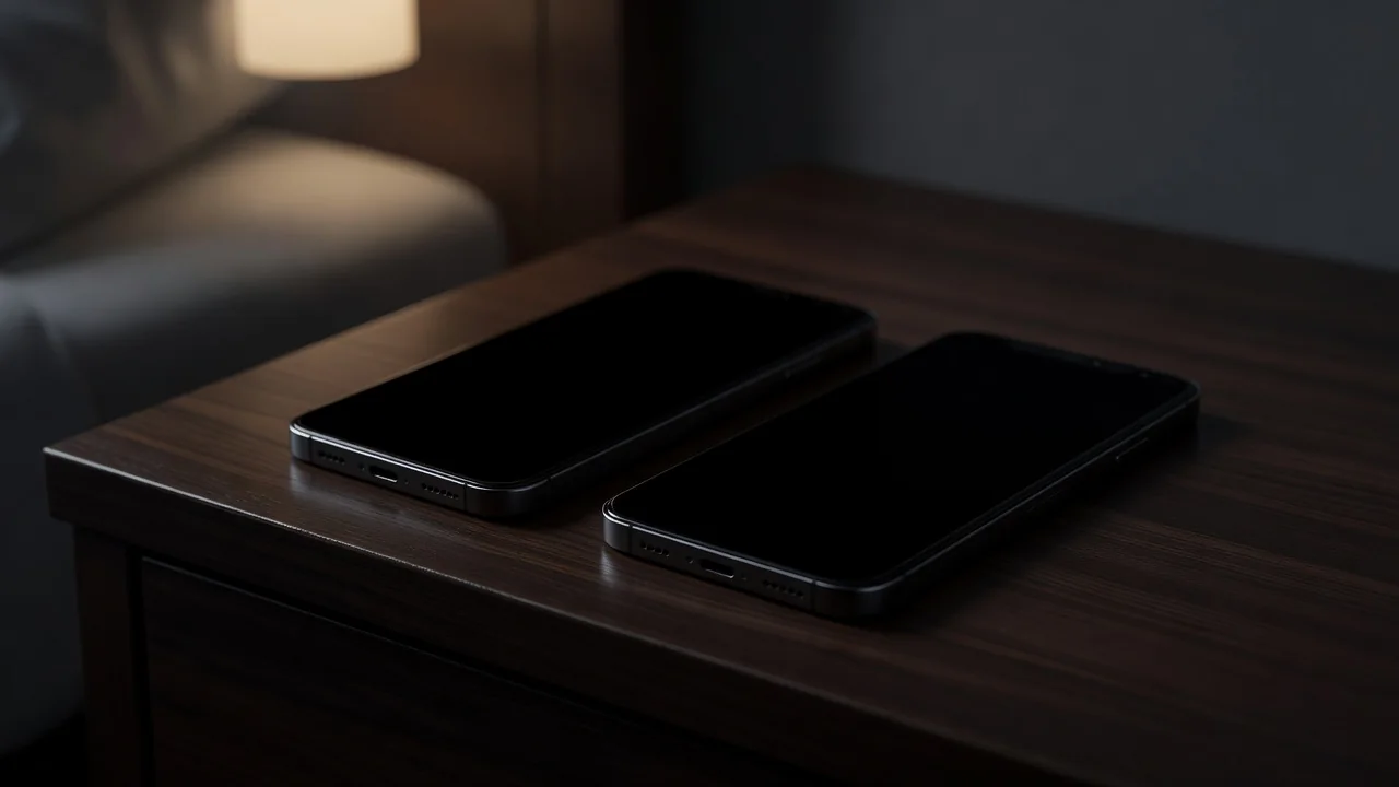 Dois smartphones lado a lado com telas escuras em mesa noturna