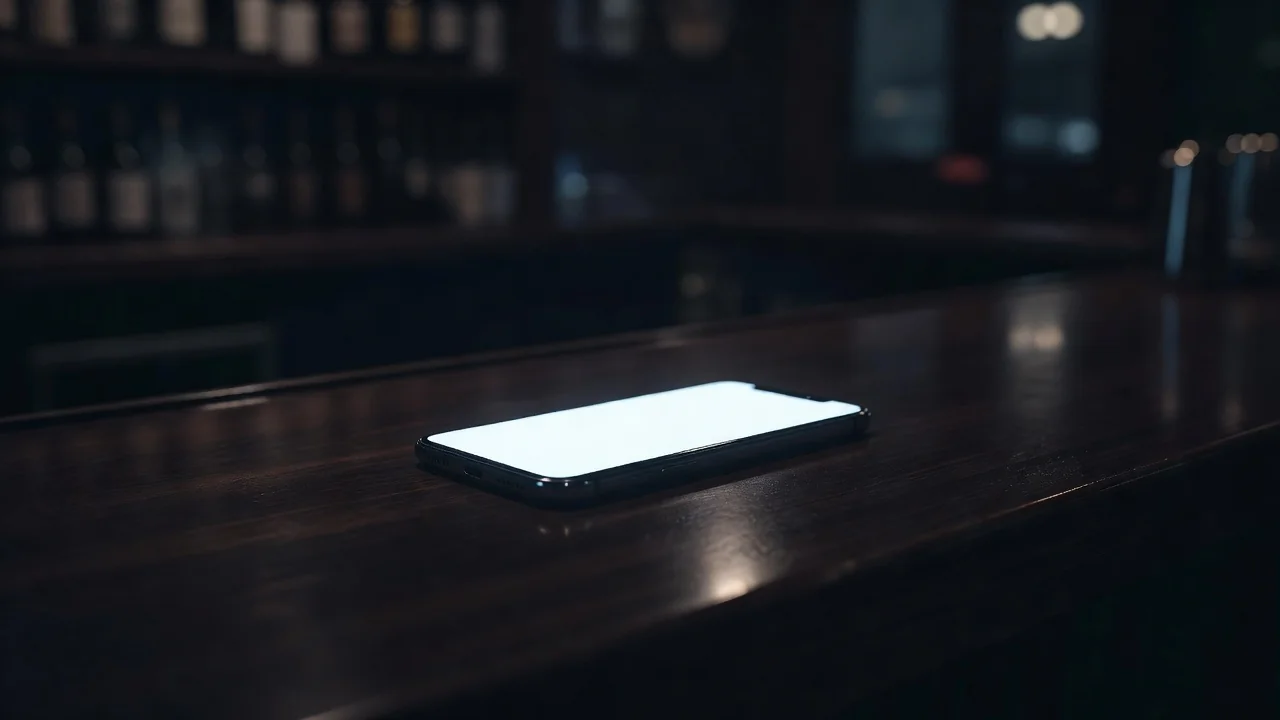 Tela de smartphone brilhando no escuro sobre mesa de bar
