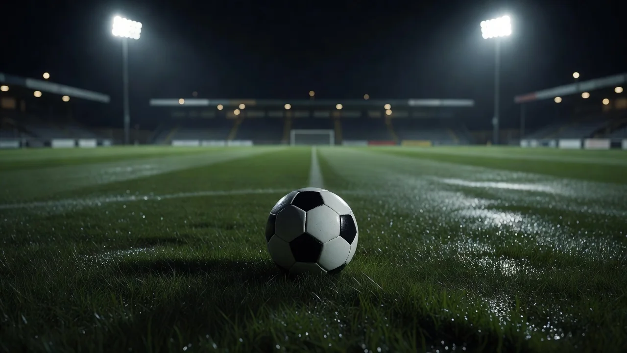 Bola de futebol clássica sobre grama de estádio à noite