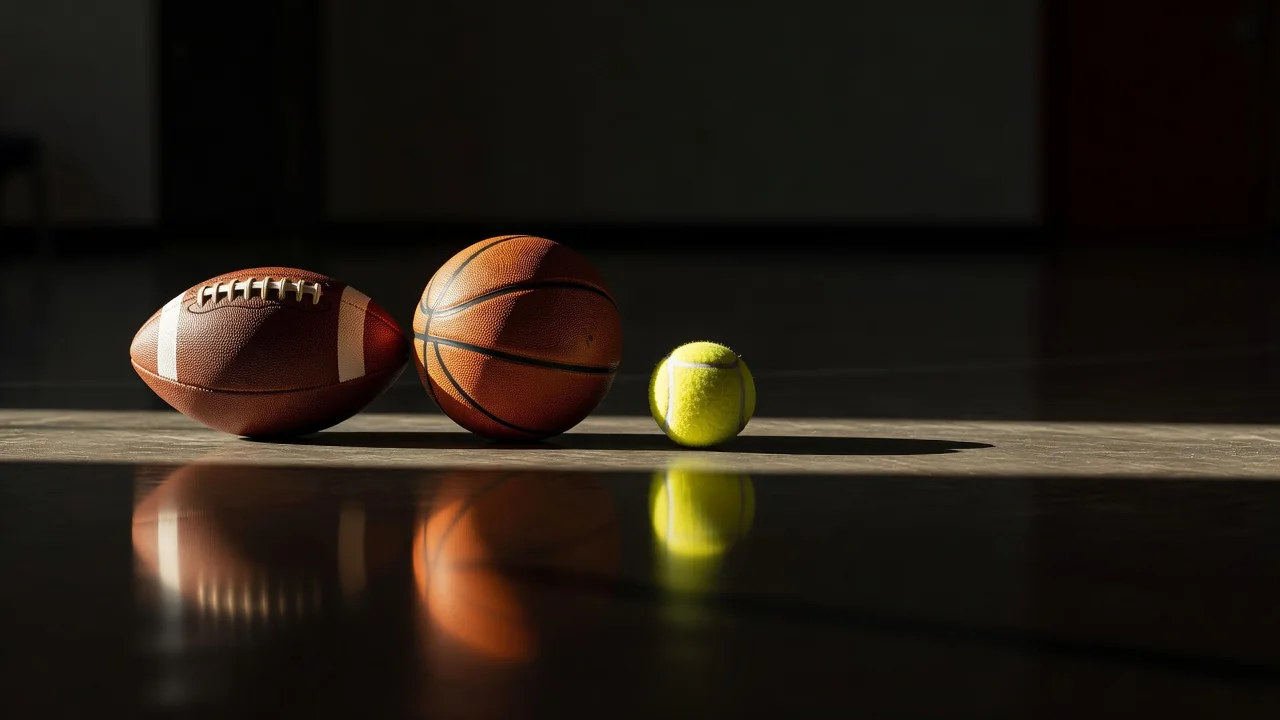 Bolas de futebol, basquete e tênis alinhadas em piso escuro