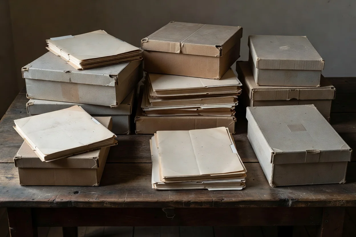 Armário metálico de arquivo com gavetas abertas repletas de fichas de papel antigas